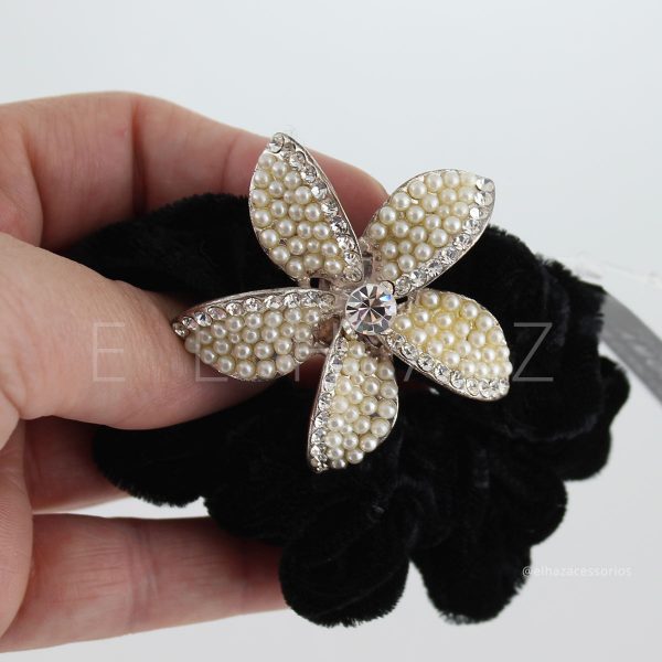 Scrunchie Prendedor De Cabelo Com Pedraria Strass Flor Lirio