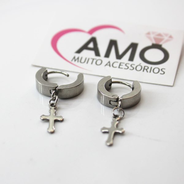 Brinco Masculino Argola Cruz Aço Inoxidável 316l Prateado