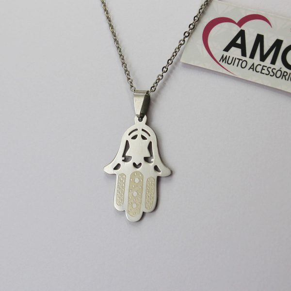 Colar Aço Cirurgico com pingente Aço Cirurgico- Hamsa Mão de Fátima