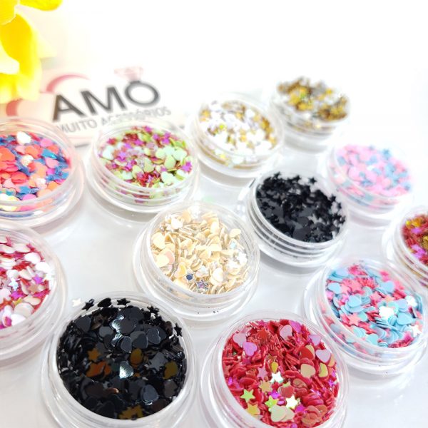 Kit 12 Glitter Maquiagem Flocado Coração E Estrela Carnaval - Imagem 3