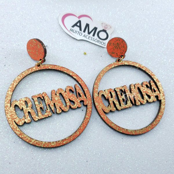 Brinco Cremosa em Mdf Pintura Brilhante Dourada e Laranja neon