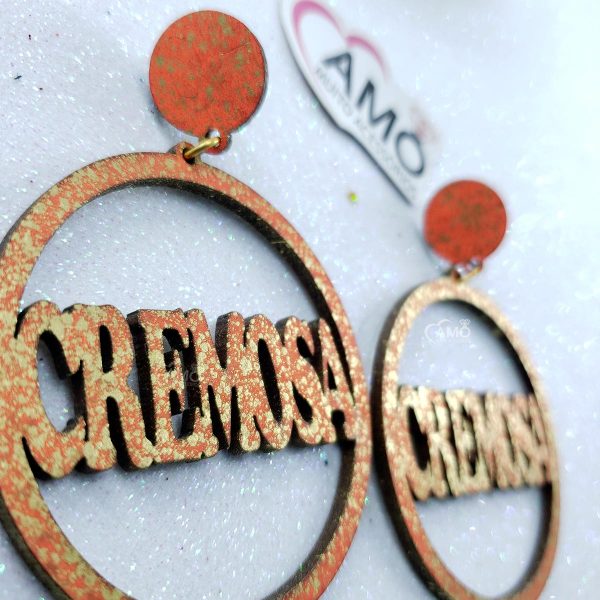 Brinco Cremosa em Mdf Pintura Brilhante Dourada e Laranja neon - Imagem 3
