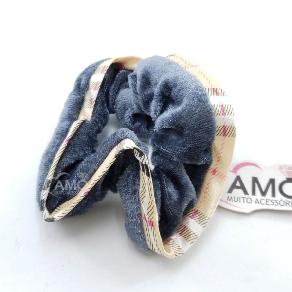 Scrunchies Veludo Prendedor Cabelo Veludo- Azul Borda Xadrez