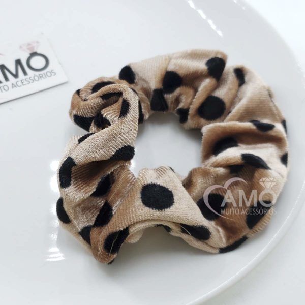 Scrunchies Veludo Prendedor Cabelo Veludo- Bege Bolinha Preta