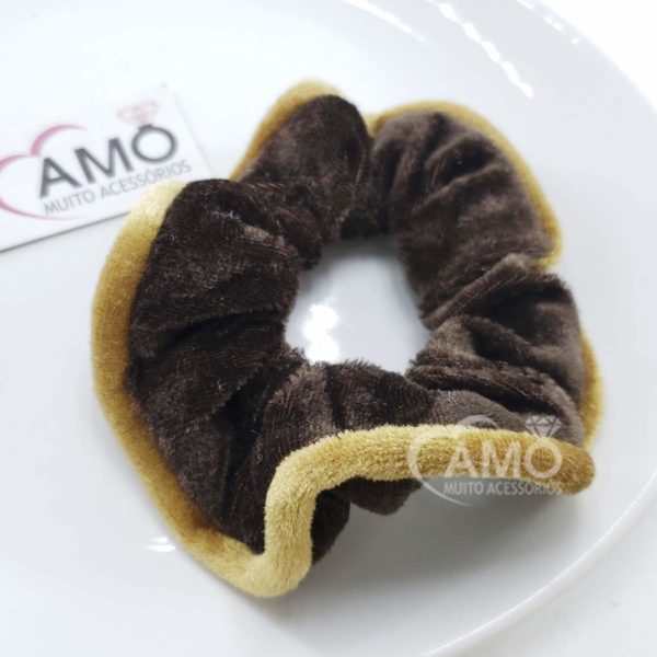 Scrunchies Veludo Prendedor Cabelo Veludo- Marrom Borda Dourada