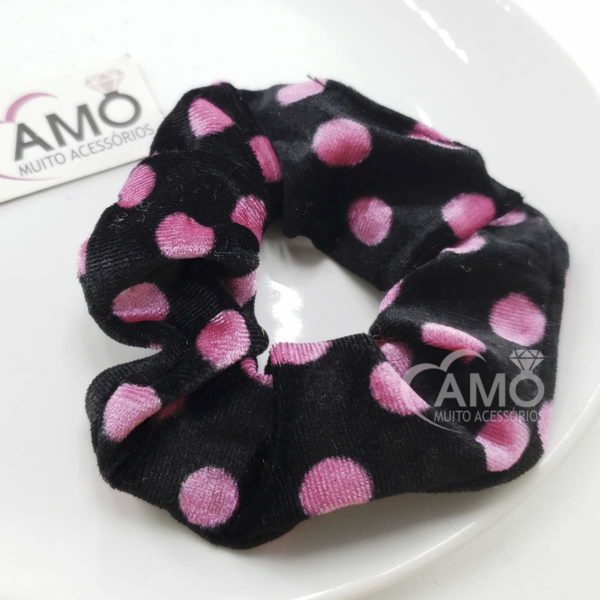 Scrunchies Veludo Prendedor Cabelo Veludo- Preta Bolinha Rosa