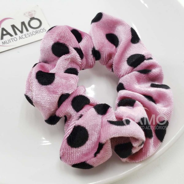 Scrunchies Veludo Prendedor Cabelo Veludo- Rosa Bolinha Preta