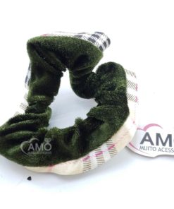 Scrunchies Veludo Prendedor Cabelo Veludo- Verde Borda Xadrez