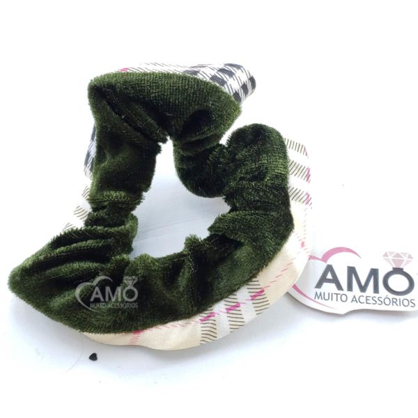 Scrunchies Veludo Prendedor Cabelo Veludo- Verde Borda Xadrez