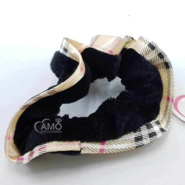 Scrunchies Veludo Prendedor Cabelo Veludo- Preta Borda Xadrez