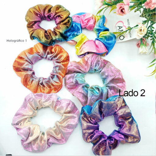 Kit Com 6 prendedor de cabelo Scrunchies Holográficas - Imagem 5