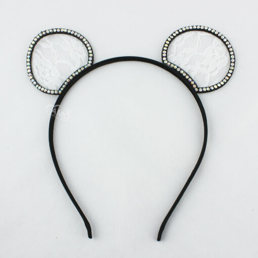 Tiara Urso Orelhinha Redonda Renda Branca E Strass
