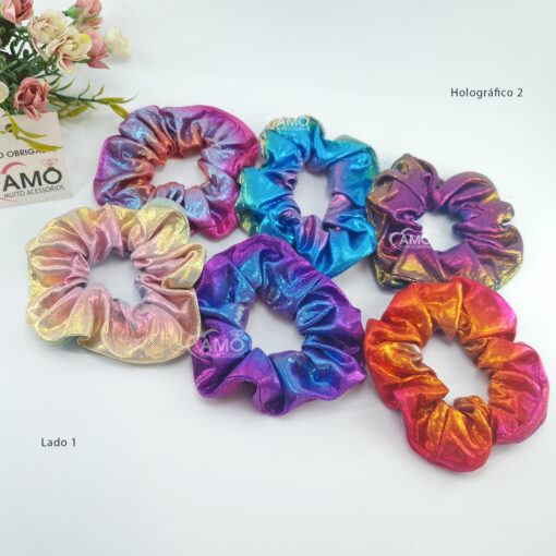 Kit Com 6 prendedor de cabelo Scrunchies Holográficas - Imagem 2