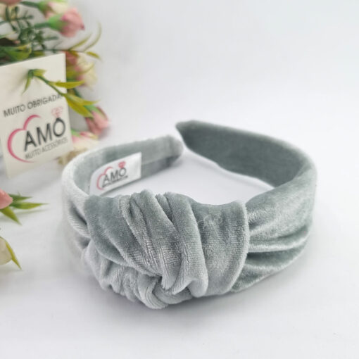 Tiara Turbante Cinza Veludo